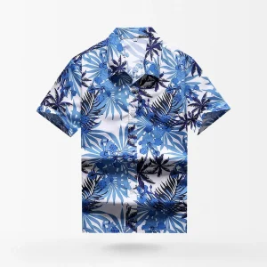 Chemise hawaïenne blanche à motifs feuilles bleues
